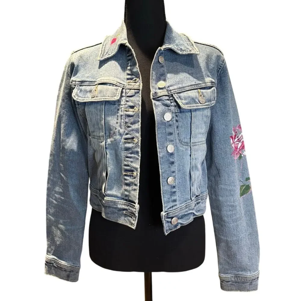 BEBE Denim Jean Jacket with Hand Painted Pink Roses Size Sm, EUC